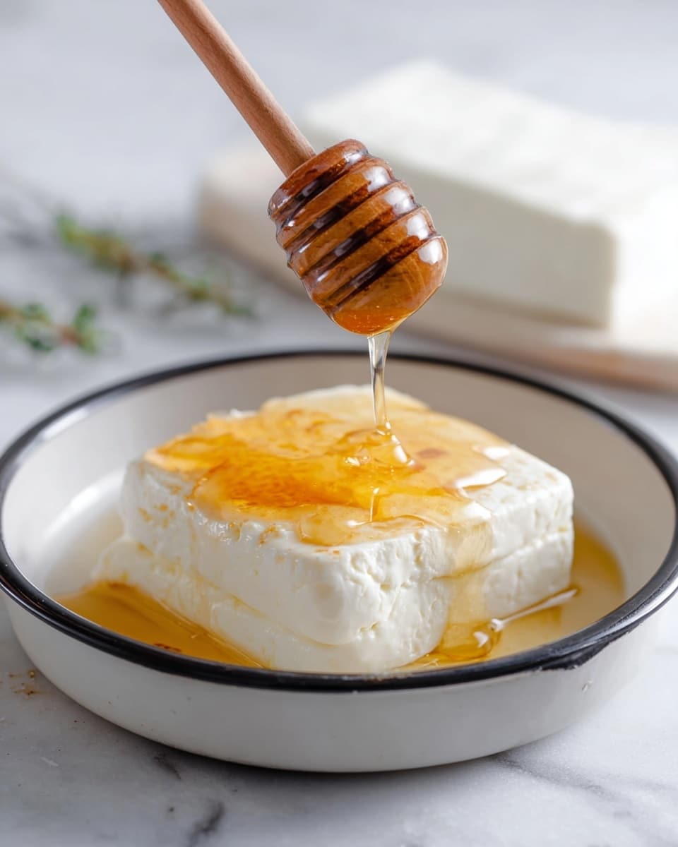A square block of white soft cheese sits in a shallow white bowl with a black rim, placed on a white marbled surface. A wooden honey dipper held by a woman's hand drizzles golden honey on top of the cheese, with the honey forming a shiny layer and beginning to flow down the sides. In the blurred background, another white cheese block is visible. The scene is bright and clean, showing the smooth texture of the cheese and the thick honey shine photo taken with an iphone --ar 4:5 --v 7