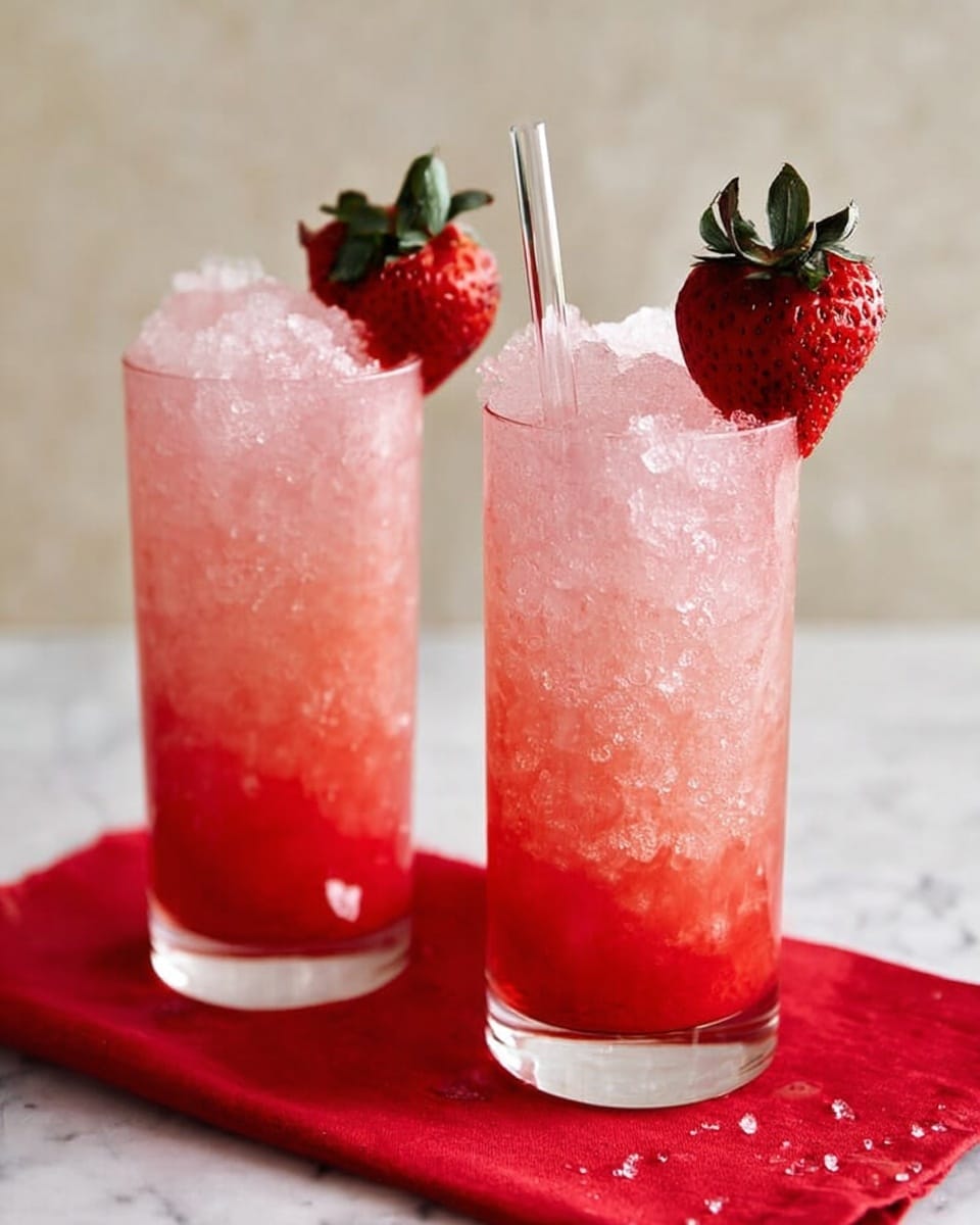 Two tall clear glasses filled with a pink drink that fades from deep red at the bottom to a lighter pink near the top, filled with crushed ice that gives a frosty texture. Each glass is garnished with a whole red strawberry with green leaves placed on the rim. One glass has a clear straw inserted near the strawberry. The glasses sit on a bright red cloth on a white marbled surface. The background is soft and neutral, making the vibrant drinks stand out. Photo taken with an iphone --ar 4:5 --v 7