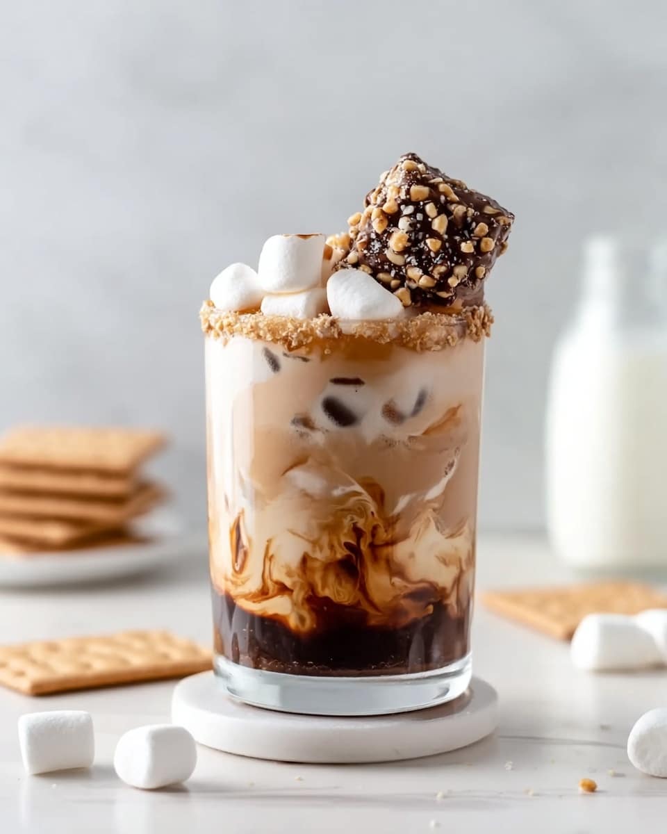 The image shows a clear glass filled with a cold drink that has three visible layers: a dark brown coffee layer at the bottom, a mix of creamy light brown with swirls of white in the middle, and topped with fluffy, white marshmallows. On the rim of the glass is a piece of chocolate coated with crushed nuts partially dipping into the drink. The glass sits on a white coaster on a white marbled surface. Near the glass are some white marshmallows and light brown graham crackers. In the background, there are blurred white containers, one appearing to hold milk. The photo is taken with an iphone --ar 4:5 --v 7