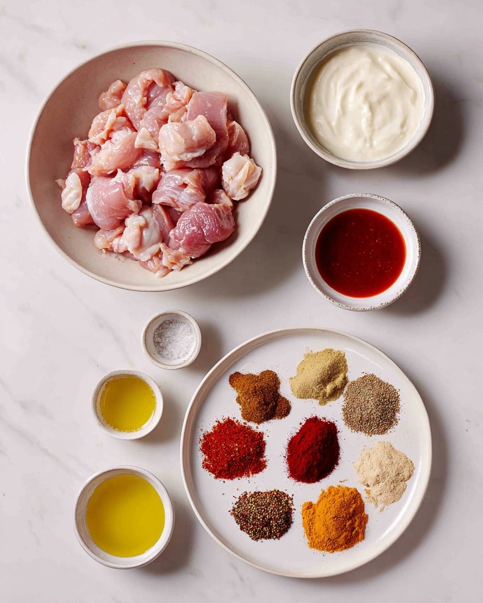 The image shows various cooking ingredients arranged neatly on a white marbled surface. There is a large white bowl filled with raw pink chicken pieces at the top left. To the right of it is a smaller white bowl with a smooth white creamy substance. Below these, there are small white bowls with different items: a red sauce, a yellow liquid, a mix of salt and pepper, and a light yellow liquid. On the bottom right, a white plate holds an assortment of nine piles of spices, varying in color from dark red, brown, orange, yellow, to beige, each forming a small mound. The arrangement is clean and organized, with a simple and bright look. Photo taken with an iphone --ar 4:5 --v 7