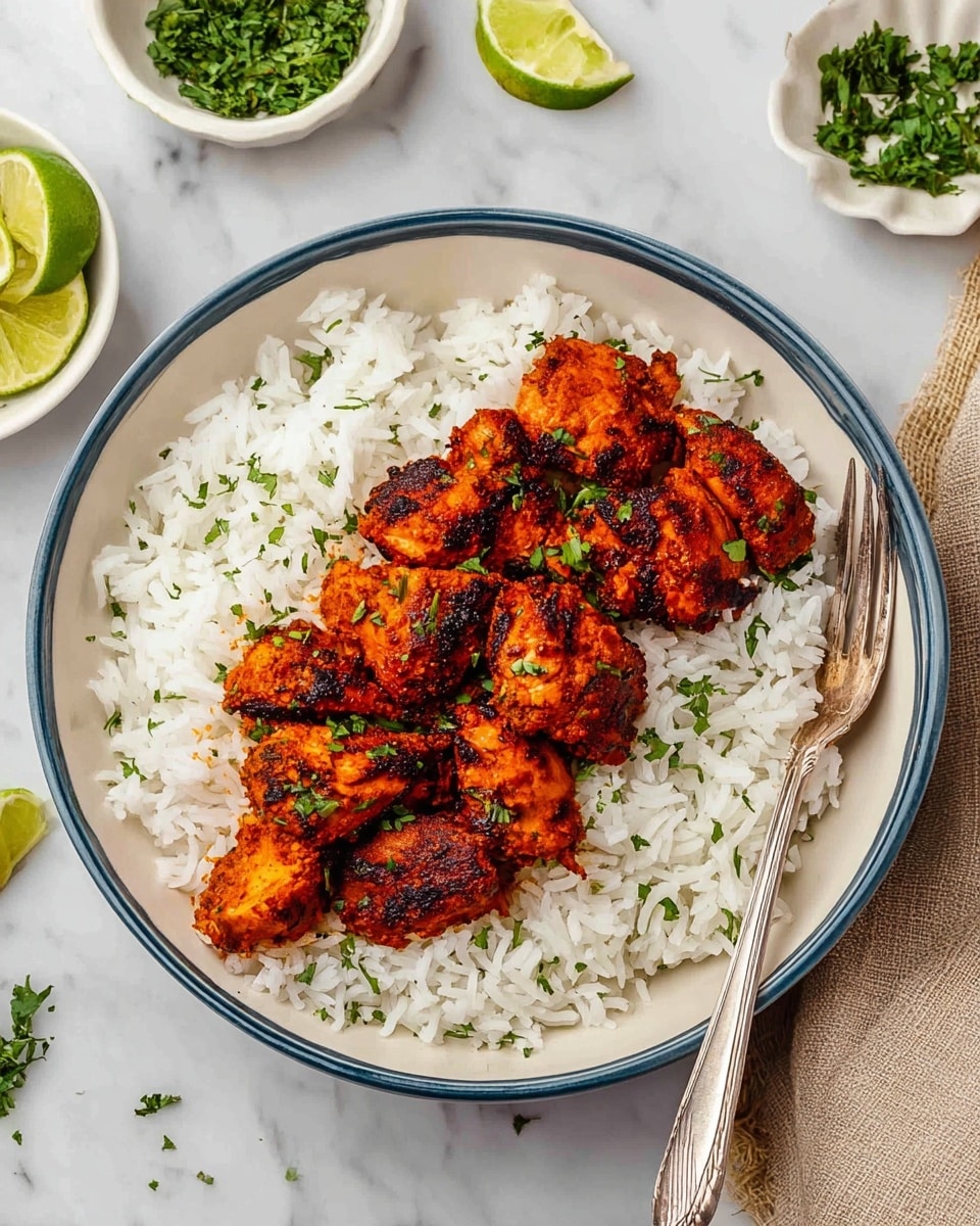 A white bowl filled with two main layers: the bottom layer is fluffy white rice, and on top are pieces of dark orange-red grilled chicken seasoned with spices, garnished with small green herbs. A silver fork rests on the right side of the bowl, next to the chicken. Around the bowl, there are small white dishes with green herbs and lime wedges, all placed on a white marbled surface. A beige cloth is also visible near the bowl. Photo taken with an iphone --ar 4:5 --v 7