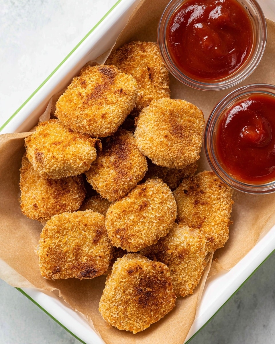 A white rectangular tray lined with brown parchment paper holds nine golden-brown breaded nuggets with a rough, crispy texture, some showing slight darker brown spots. On the right side, two small clear glass bowls filled with thick, red dipping sauce sit next to the nuggets. The tray is placed on a white marbled surface photo taken with an iphone --ar 4:5 --v 7