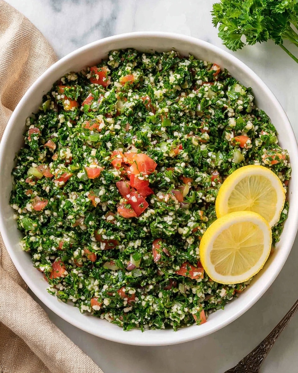 A white bowl filled with a finely chopped salad made of mostly bright green parsley mixed with small white grains of bulgur and tiny pieces of white onion. There are scattered small red tomato cubes over the salad, mostly gathered in one spot near the center. On the right side of the bowl, two thin yellow lemon slices are placed side by side on top of the salad. The bowl sits on a white marbled surface with a beige cloth slightly visible in the upper left corner and some green parsley stems in the upper right corner. photo taken with an iphone --ar 4:5 --v 7