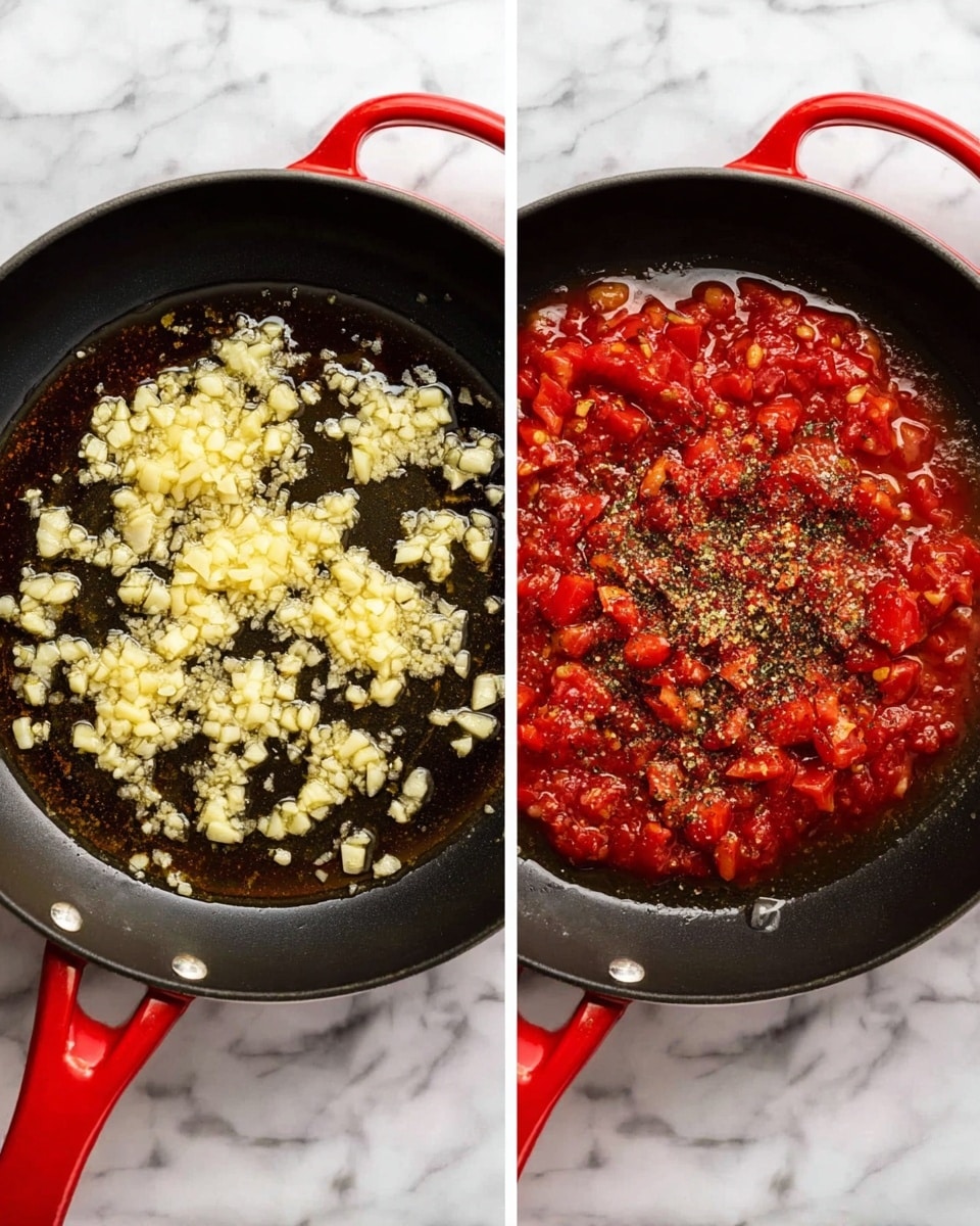 Two side-by-side images show the inside of a black pan with a red handle on a white marbled surface. The left image shows one layer of small, light yellow pieces of garlic cooking in bubbling oil, scattered in the center of the pan. The right image shows a new layer added on top, filled with chopped red tomatoes and a sprinkle of dark dried herbs, sitting in a thick red sauce with some oil on the surface, filling almost the entire pan. Photo taken with an iphone --ar 4:5 --v 7