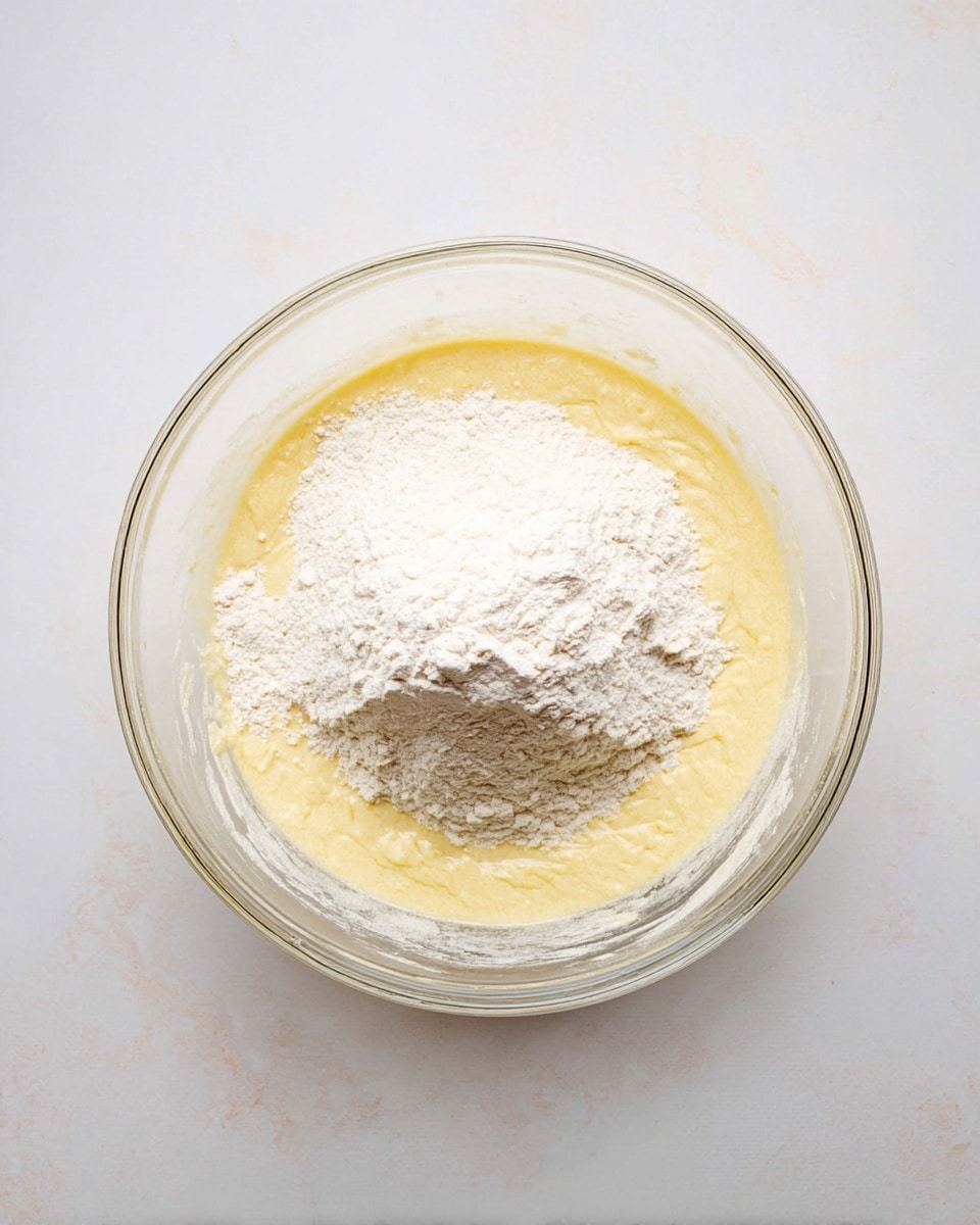 A clear glass bowl sits on a white marbled surface, holding a mixture with two visible layers: a pale yellow wet batter on the bottom and a mound of white flour on top. The flour is piled in the center, creating a small, rough textured hill, while the batter spreads evenly around it, appearing smooth and slightly thick. The bowl's transparent walls show the contrast between the flour and the batter inside. photo taken with an iphone --ar 4:5 --v 7