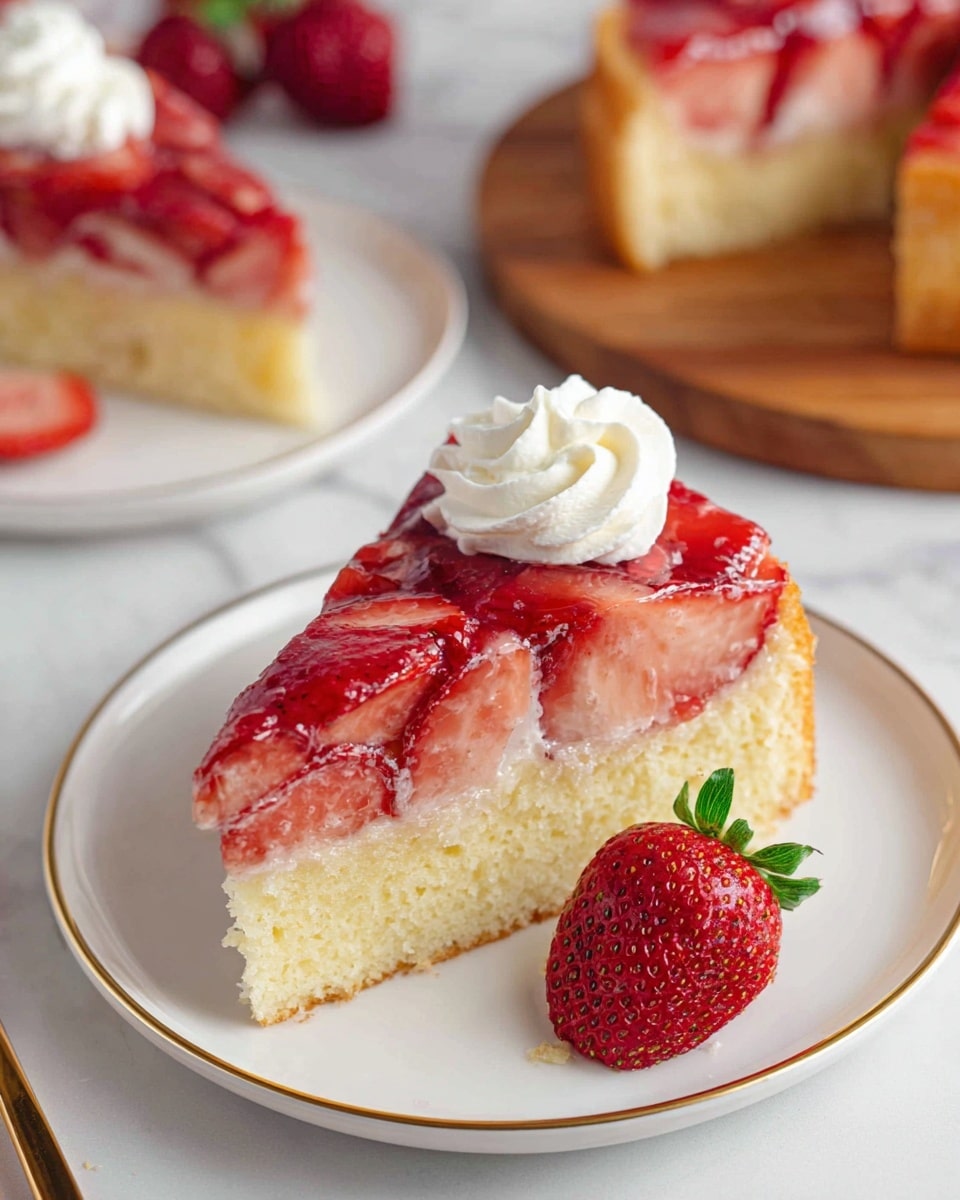 The image shows a slice of strawberry cake on a white plate with a thin gold rim. The cake has two layers: a thick, light yellow sponge base, and a top layer of sliced bright red strawberries covered in a shiny glaze. On top of the strawberries, there is a small swirl of white whipped cream. Next to the slice on the plate is a whole fresh strawberry with a green stem. The cake slice and strawberry sit on a white marbled surface with part of a wooden board holding more pieces of the same cake visible in the background. Another white plate with a strawberry and cake slice is slightly blurred in the background. Photo taken with an iphone --ar 4:5 --v 7