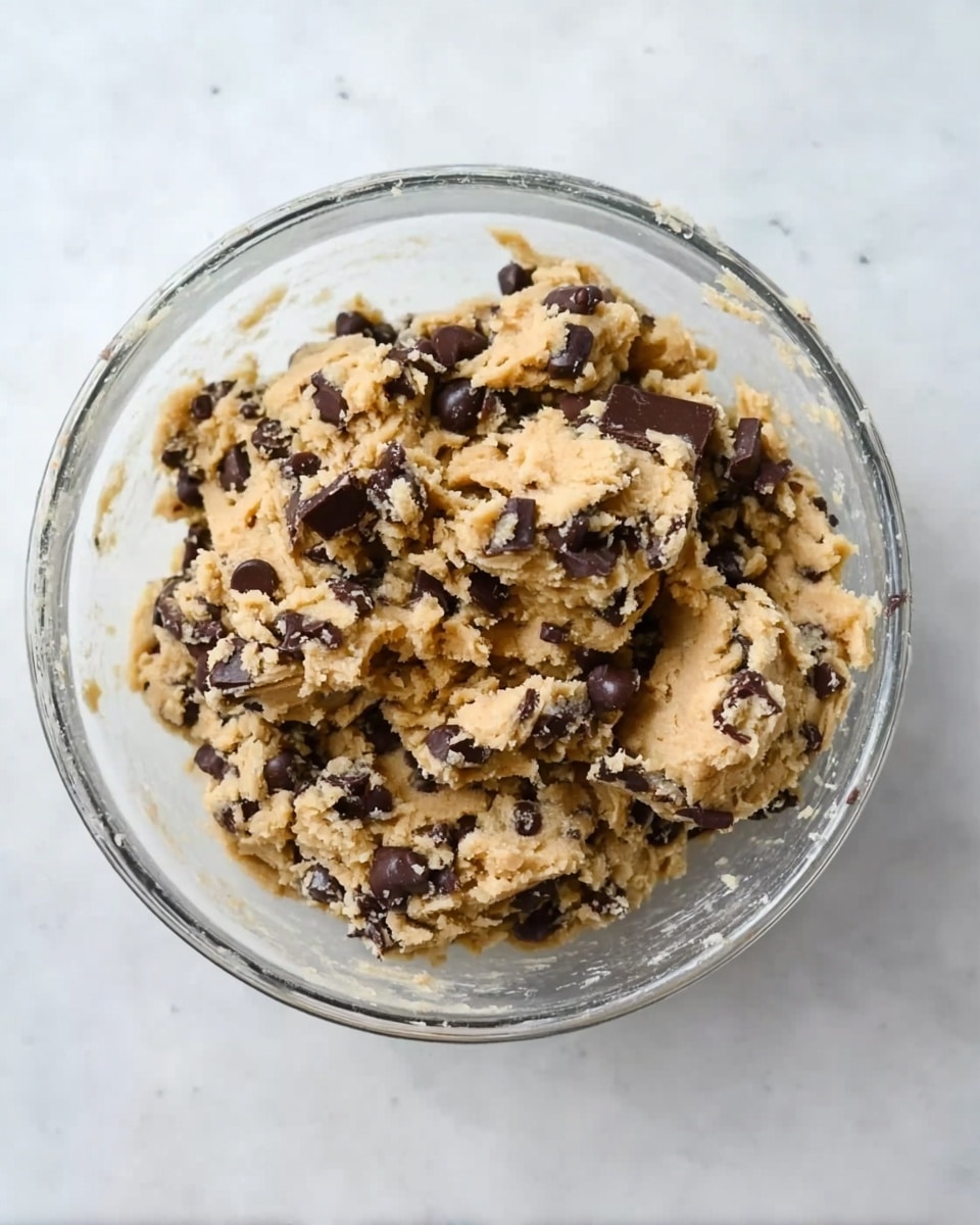 A clear glass bowl filled with thick, chunky cookie dough that has many dark chocolate chips scattered all over and mixed inside. The dough is light brown in color and looks soft and sticky, sitting on a white marbled surface. The cookie dough is unevenly shaped with some larger lumps and chocolate pieces standing out clearly. photo taken with an iphone --ar 4:5 --v 7