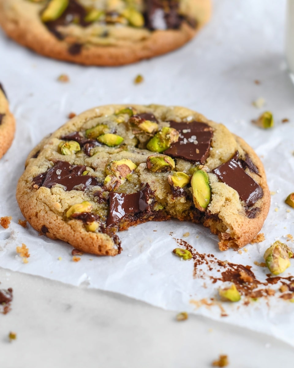 A close-up view of a round cookie with a bite taken out of the bottom right side, showing a golden brown edge and soft interior filled with melted dark chocolate chunks and green pistachio pieces scattered across the top and embedded inside. The cookie rests on white parchment paper over a white marbled surface, with small crumbs, pistachio bits, and chocolate smudges nearby. A blurred whole cookie is visible in the background. photo taken with an iphone --ar 4:5 --v 7