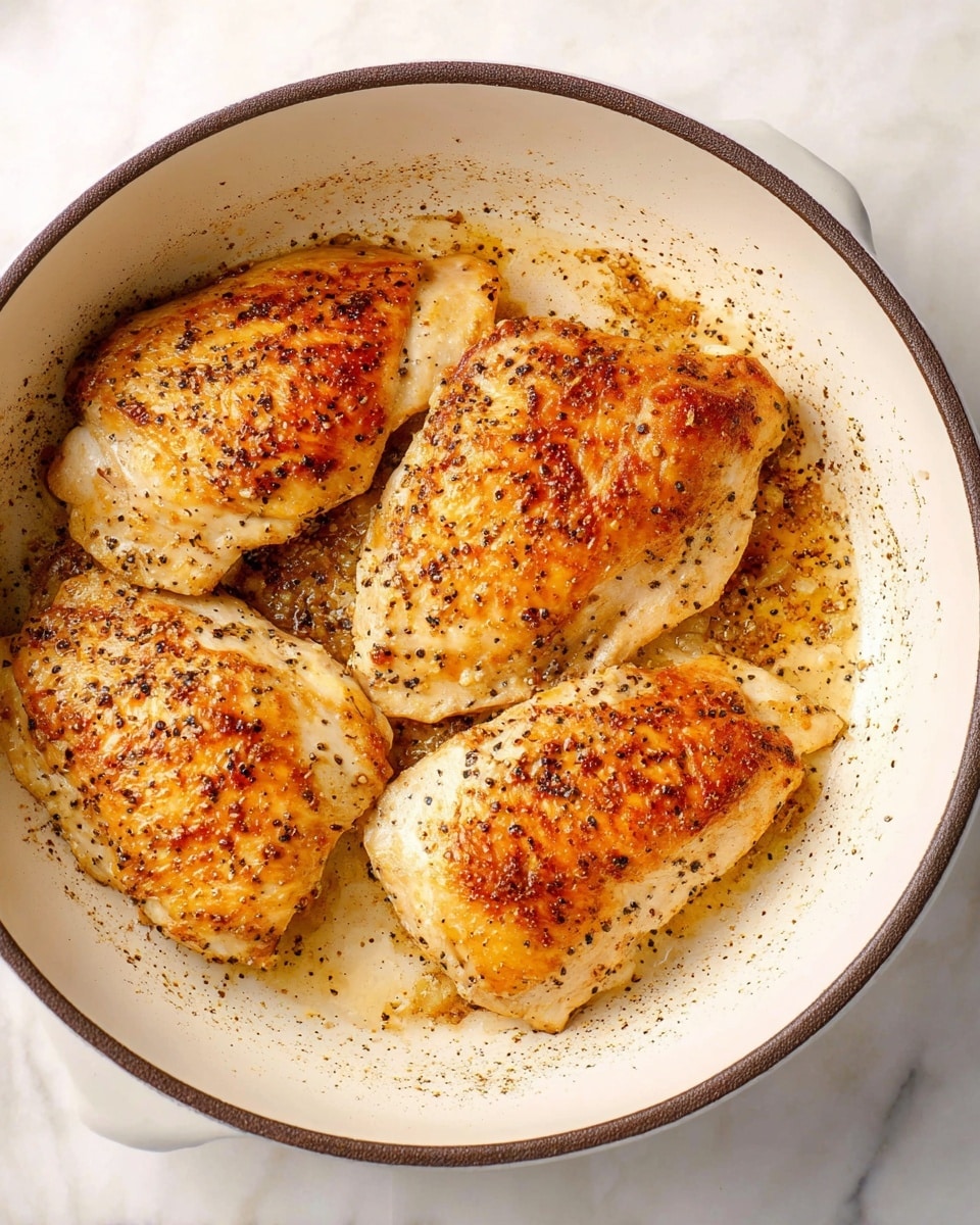 Four golden-brown cooked chicken pieces with a light crispy texture are lying close together in a white pan with a dark rim. The chicken has small black pepper specks sprinkled evenly on top. Around the chicken, there is a light browning and oily residue from cooking. The pan is set on a white marbled surface. photo taken with an iphone --ar 4:5 --v 7