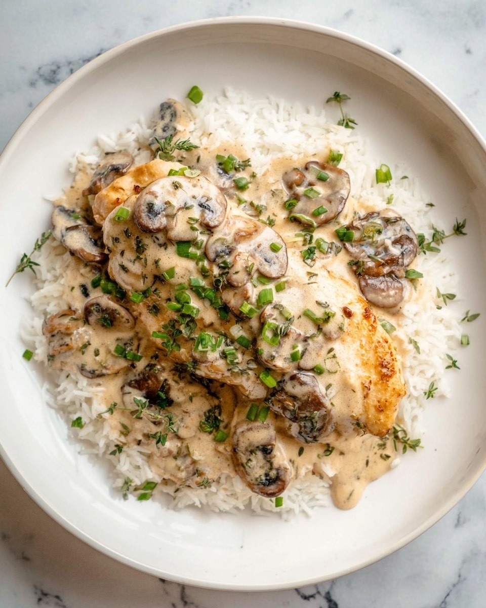 A white plate holds a single layer of white rice as the base. On top, there is one large piece of light brown cooked chicken covered with a creamy mushroom sauce. The sauce includes several sliced brown mushrooms and is dotted with green herbs like thyme and chopped green onions. The dish looks rich and creamy, with the herbs adding a fresh touch. The plate sits on a white marbled surface. photo taken with an iphone --ar 4:5 --v 7