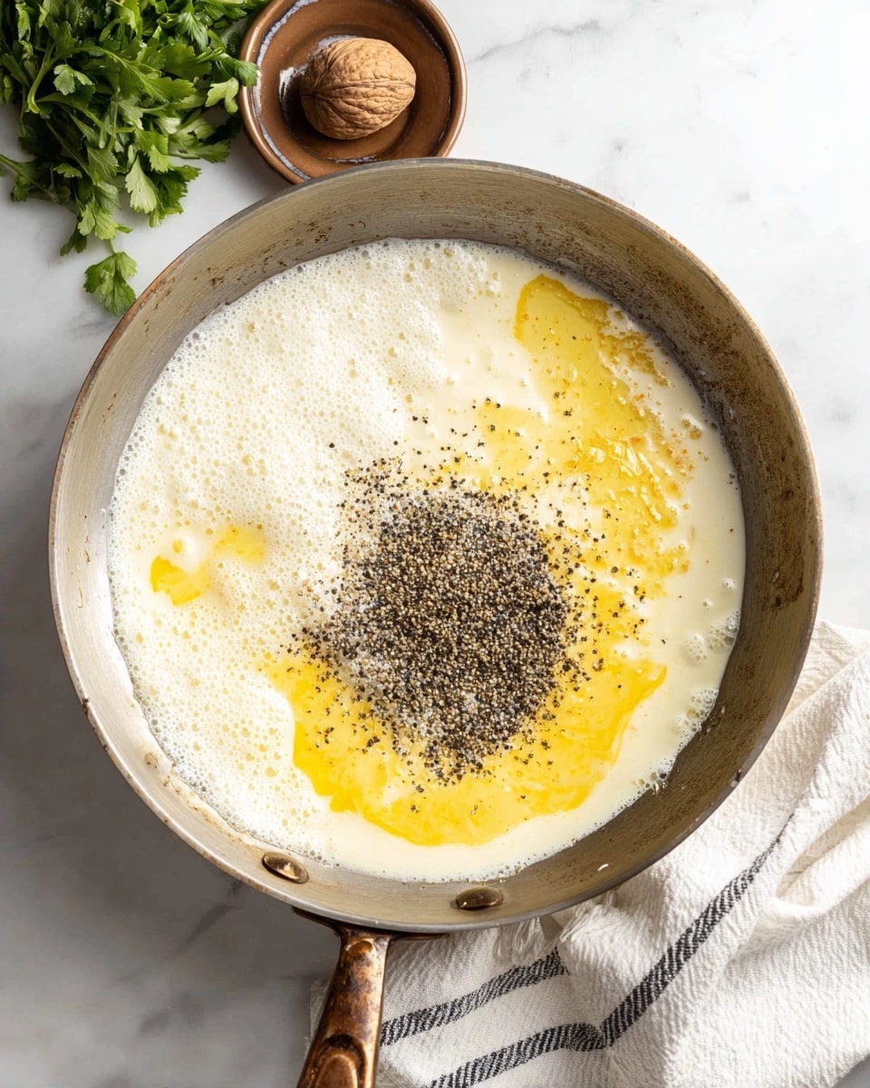 A top view of a metal pan filled with a creamy sauce showing three main layers: a foamy white cream base, a thick layer of melted yellow butter spread unevenly around the edges, and a central pile of ground black pepper with some salt visible underneath. The pan is on a white marbled surface, partially covered by a white cloth with gray stripes on the right side, and there is a small brown plate with a brown nut above the pan near some fresh green herbs. photo taken with an iphone --ar 4:5 --v 7