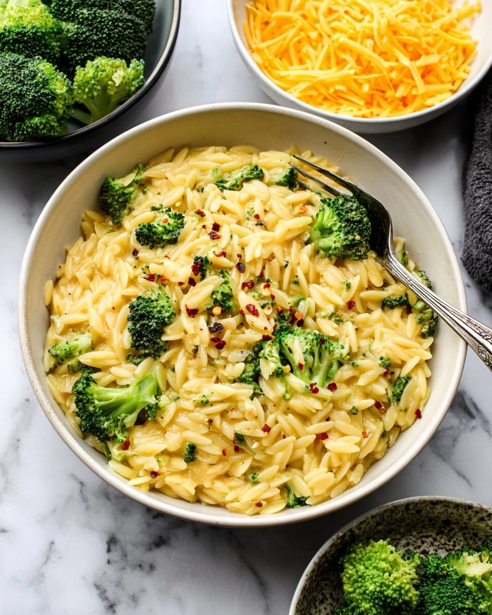 A bowl of creamy orzo pasta with green broccoli pieces mixed in, the orzo is smooth and coated in a light yellow cheese sauce; small bits of red pepper flakes and black pepper are sprinkled on top, adding color contrast. The dish is served in a large white bowl, with a silver fork resting inside. In the background, there is a small white bowl filled with shredded yellow cheese and another bowl with raw broccoli heads, all placed on a white marbled surface. Photo taken with an iphone --ar 4:5 --v 7