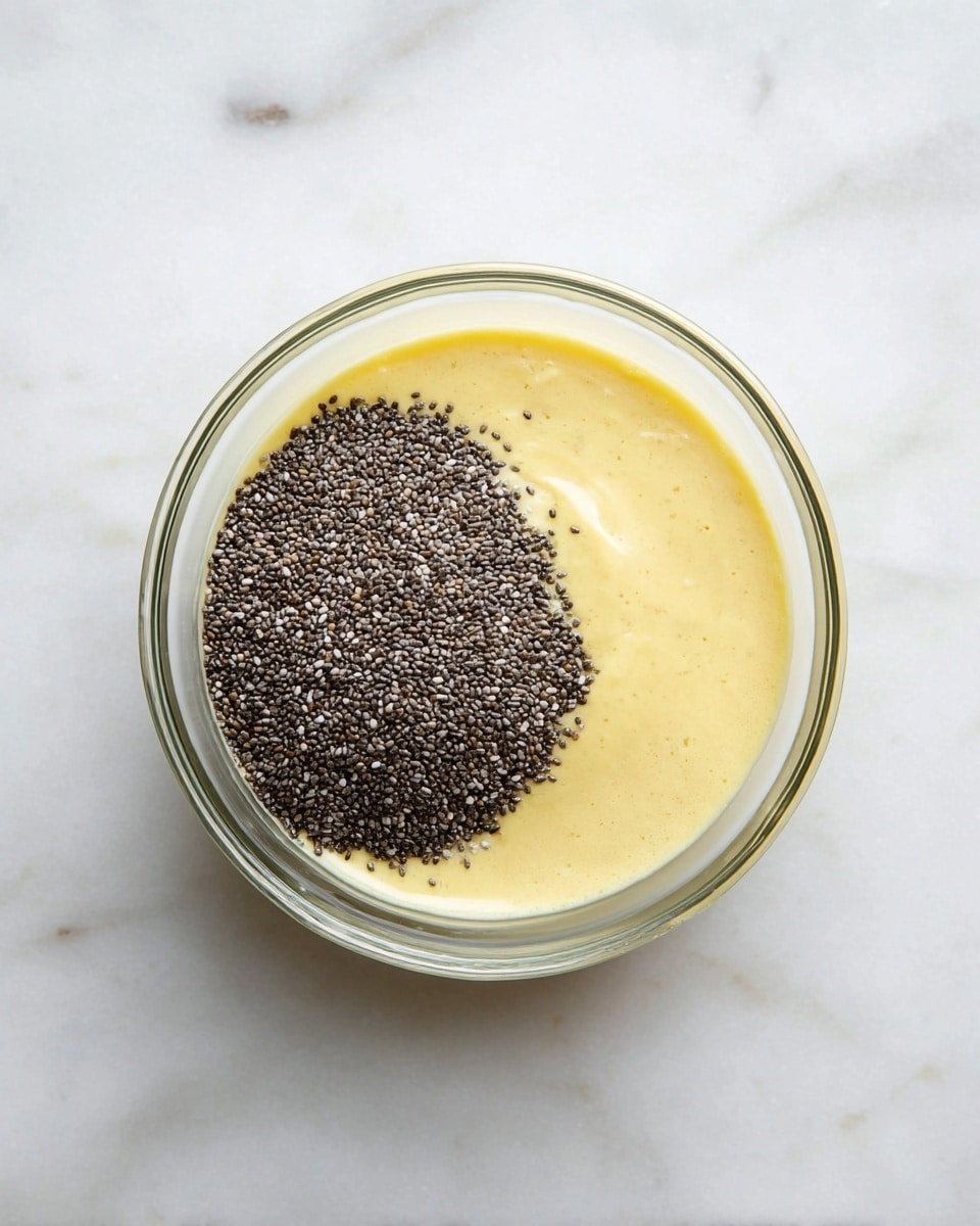A clear glass bowl sits on a white marbled surface, containing a thick, pale yellow mixture that fills most of the bowl. On top, a pile of small black chia seeds rests on one side, creating a strong contrast with the smooth yellow base, showing two distinct layers. The photo is taken from above with no other objects in the frame, focusing closely on the bowl's contents. photo taken with an iphone --ar 4:5 --v 7