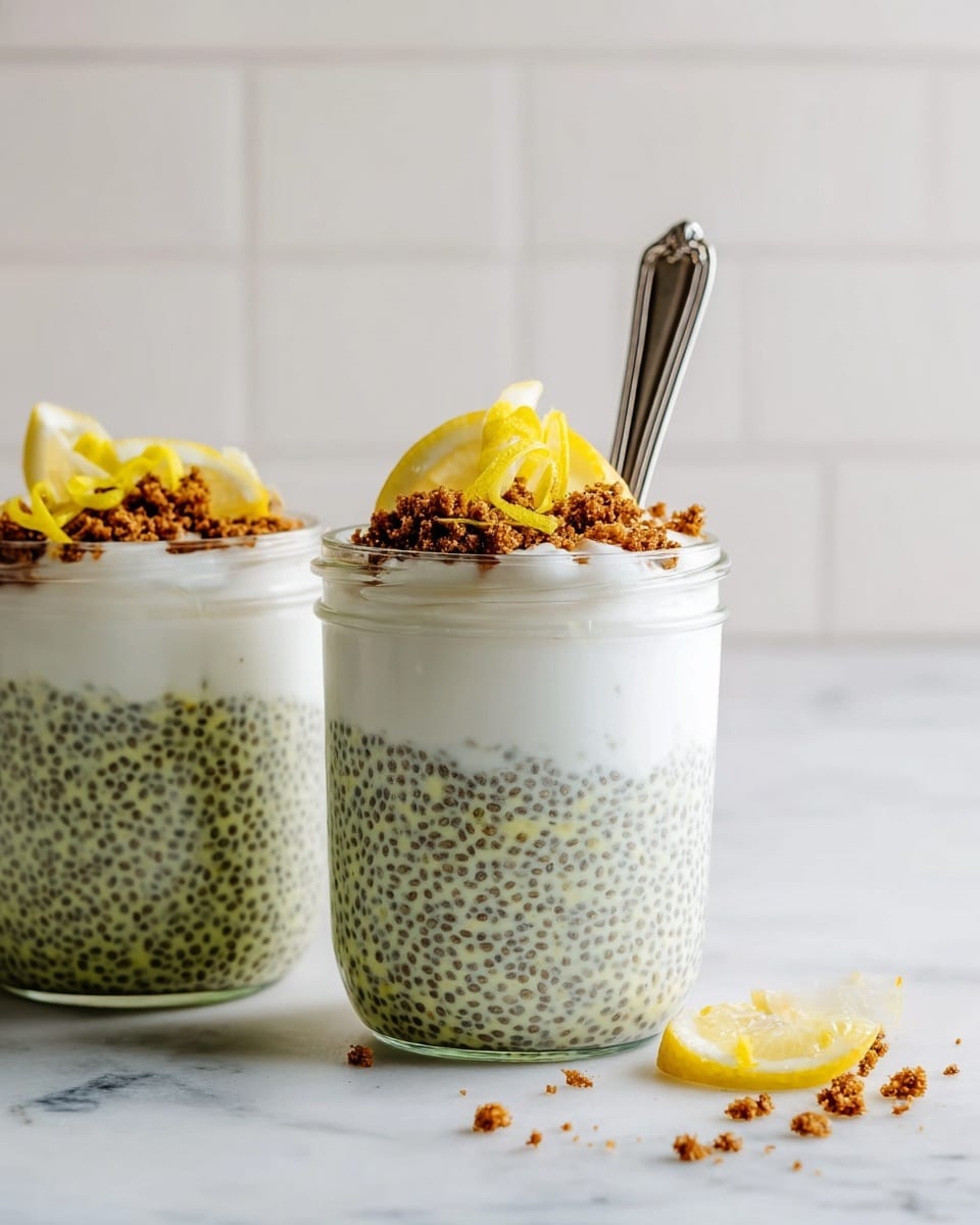 Two glass jars sit side by side on a white marbled surface. Each jar has two layers: a bottom layer of light green chia pudding with visible black chia seeds spread evenly, and a top layer of smooth white cream. On the cream, there is a sprinkling of brown crumbled topping and bright yellow lemon peel twists. One jar holds a small silver spoon standing upright inside. Pieces of lemon and brown crumbs are scattered on the surface near the jars. The background shows a soft white tiled wall. Photo taken with an iphone --ar 4:5 --v 7
