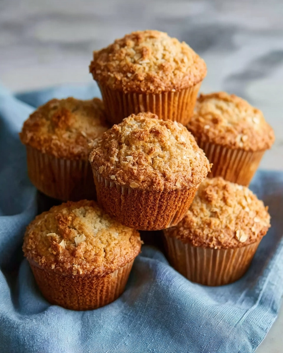 A group of six golden brown muffins with a crumbly top texture, stacked casually. The muffins have a slightly rough surface with visible bits of oats or crumbs. They sit on a light blue cloth that rests on a white marbled surface. The lighting is soft, showing the warm and inviting colors of the muffins clearly. photo taken with an iphone --ar 4:5 --v 7
