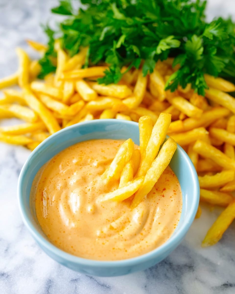 The image shows a light blue bowl filled with creamy, light orange dipping sauce with a smooth texture. Several golden yellow french fries are dipped into the sauce, some partially submerged and some sticking out. Behind the bowl on a white marbled surface, there is a pile of the same golden yellow french fries and a bunch of fresh green parsley sitting close to the fries. The scene is bright and colorful, with the sauce and fries contrasting nicely against the white marbled surface. photo taken with an iphone --ar 4:5 --v 7