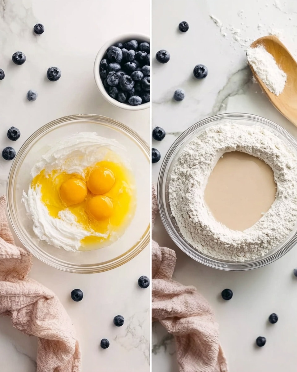 The image shows two side-by-side photos on a white marbled surface. On the left, a clear glass bowl contains three cracked yellow eggs with white yogurt on top. Around the bowl, scattered fresh dark blueberries sit near a small white bowl filled with more blueberries. To the right, the same glass bowl holds a mound of white flour with a pool of light beige liquid in the center. A wooden spatula with a white handle rests nearby, alongside a soft light pink cloth. The scene is bright and clean, focusing on the mixing ingredients photo taken with an iphone --ar 4:5 --v 7
