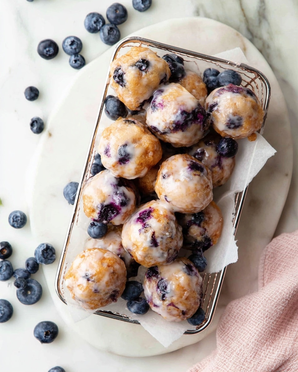 A metal wire tray lined with white parchment paper holds about a dozen small, round blueberry fritters. Each fritter is light golden brown in color with visible whole blueberries embedded inside, giving dark purple spots and a slightly glossy glaze covering the surface. The tray is placed on a white marbled surface scattered with fresh blueberries around it. A soft, light pink cloth is partially visible on the bottom right corner. Photo taken with an iphone --ar 4:5 --v 7