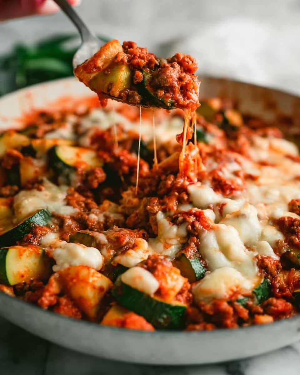 The image shows a close-up of a food dish in a large white bowl placed on a white marbled surface. The dish has multiple layers, starting with a bottom layer of green zucchini pieces cut into chunks. On top, there is a generous layer of reddish-brown cooked ground meat mixed with tomato sauce. Scattered throughout the dish are small pieces of white cheese that is melting and stretching as a spoon lifts a portion. The textures vary from soft melted cheese to chunky vegetables and meat, creating a rich and hearty look. A woman's hand is holding a spoon, lifting a bite from the bowl. The photo is warm and inviting with natural lighting. Photo taken with an iphone --ar 4:5 --v 7
