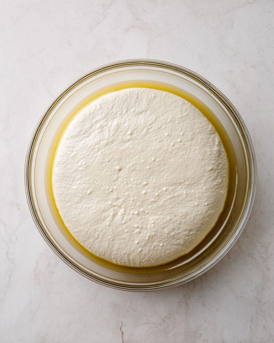 A clear glass bowl holds a single thick layer of risen dough, which is smooth and pale off-white in color with small bubbles on the surface, sitting in a thin ring of golden oil that lines the edge inside the bowl. The bowl is placed on a white marbled surface. photo taken with an iphone --ar 4:5 --v 7