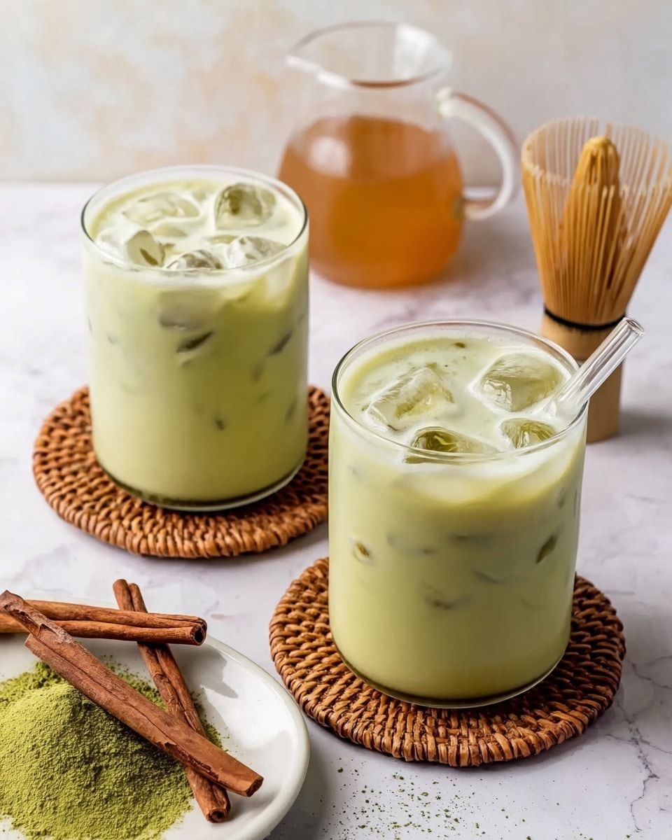 The image shows two clear glasses filled with pale green iced matcha latte, each glass resting on a round woven coaster. The drinks have large, clear ice cubes floating on top, and one glass has a clear glass straw. Behind the glasses is a small clear pitcher with light brown liquid and a bamboo whisk nearby. To the side, a white plate holds a pile of green matcha powder and several cinnamon sticks arranged around the plate, all placed on a white marbled surface photo taken with an iphone --ar 4:5 --v 7