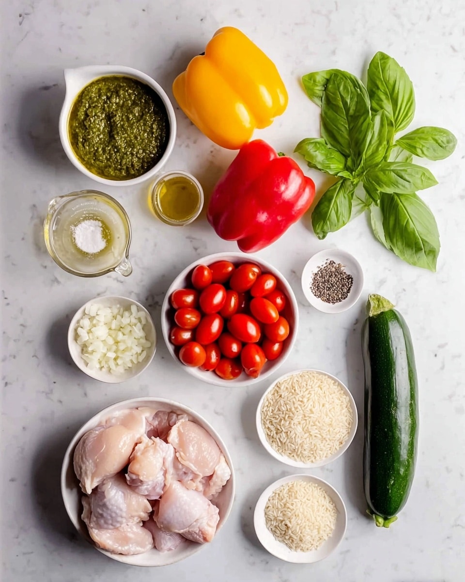 The image shows an organized arrangement of raw ingredients on a white marbled surface. There is a white bowl filled with pale pink chicken thighs at the bottom left, next to a white bowl of light beige uncooked rice on the right. Above the chicken, there is a small white bowl filled with bright red cherry tomatoes. To the upper right of the tomatoes, fresh green basil leaves are placed on the surface. Near the basil, there is a whole dark green zucchini placed horizontally. At the top center, two whole bell peppers sit side by side, one yellow and one red, both glossy and smooth. Towards the top left, there is a small white bowl with green pesto sauce and a clear measuring cup containing a yellowish liquid with herbs. Below the pesto, finely chopped white onions are in a clear glass bowl. Small amounts of minced garlic are in a tiny transparent bowl near the center. A small spouted white container holds golden olive oil, and next to it is a white bowl with salt and black pepper. The photo was taken with an iphone --ar 4:5 --v 7
