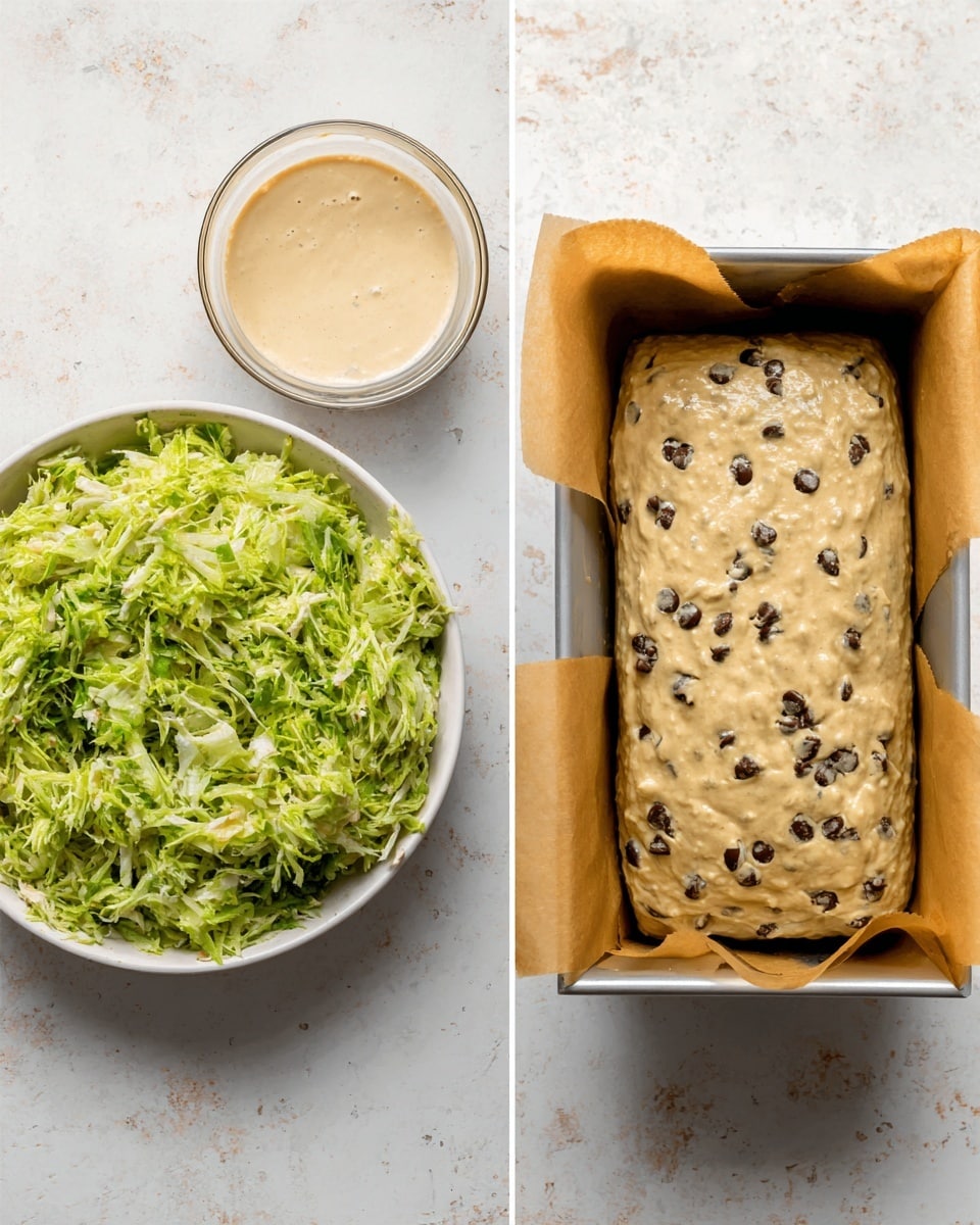 The image shows two separate views side by side on a white marbled surface. On the left side, there is a white plate filled with a green, shredded vegetable mixture that looks soft and moist, with some leafy textures visible; next to it is a transparent glass bowl holding a light beige creamy sauce with a smooth texture. On the right side, a silver rectangular loaf pan lined with light brown parchment paper holds a beige, thick batter mixed with dark round pieces scattered throughout, suggesting chocolate chips; the batter has a slightly textured surface with visible small bits inside. Photo taken with an iphone --ar 4:5 --v 7