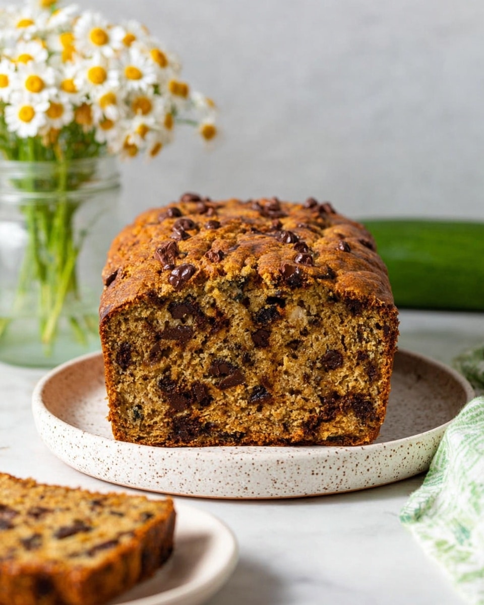 A thick loaf of bread with a rough golden-brown crust is shown from the side, revealing a dense inside filled with dark chocolate chips and pieces of walnut spread evenly throughout. The loaf sits on a white speckled plate placed on a white marbled surface, with a green zucchini in the background on the right side. Behind the loaf, a glass jar with water holds a bunch of small white and yellow daisy flowers, adding a fresh touch to the scene. A slice of the loaf is partly visible in the lower left foreground on a white plate. The photo was taken with an iphone --ar 4:5 --v 7