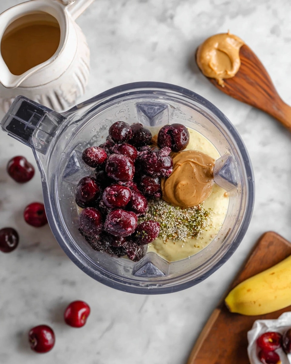Inside a clear blender, there are several layers of ingredients: at the bottom is a pale yellow layer of mashed banana, on top of that is a dollop of light brown peanut butter on the right side, next to a sprinkle of small greenish seeds, and covering most of the space on top is a pile of dark red and purple frozen cherries. The blender sits on a white marbled surface with a small white pitcher of light brown liquid nearby, a peeled banana on the upper right, a wooden spatula with peanut butter on the left, and a few fresh cherries scattered around. Photo taken with an iphone --ar 4:5 --v 7