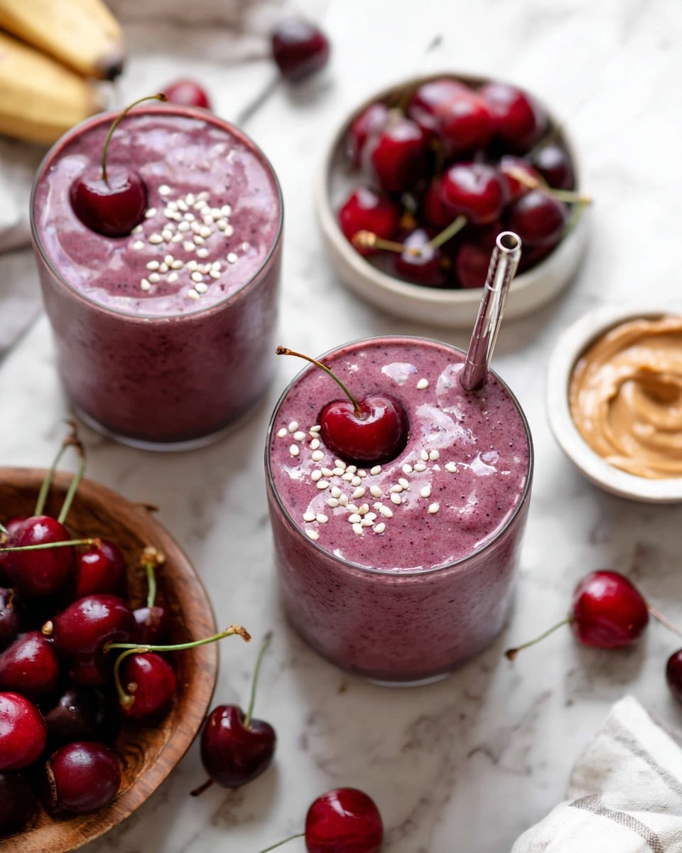 Two glasses filled with a thick, purple cherry smoothie topped with white seeds scattered on the surface and a single whole cherry placed near the edge of each glass. Each glass has a silver straw inserted on the right side. Surrounding the glasses are fresh red cherries in wooden and white dishes and a small bowl of light brown nut butter, all set on a white marbled surface with a blurred slice of banana visible in the top left corner. photo taken with an iphone --ar 4:5 --v 7