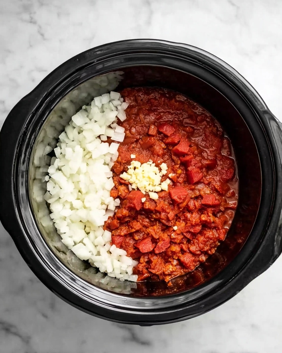 A black slow cooker bowl filled with three visible layers of ingredients: on the left side, finely chopped white onions form a textured cube layer; next to it on the right, a reddish thick tomato sauce mixed with chunks of red diced tomatoes forms a rich, chunky layer; on top of the tomato sauce, there is a small pile of minced pale yellow garlic. The slow cooker rests on a white marbled surface. photo taken with an iphone --ar 4:5 --v 7