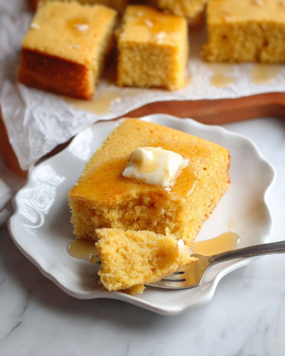 The image shows a square piece of golden cornbread on a white wavy-edged plate, topped with a thick layer of melted butter and drizzled with honey. The cornbread has a crumbly texture with a slightly darker bottom edge and an airy light yellow inside. A small triangle piece is broken off and held by a silver fork resting on the plate. In the background, there are more square pieces of cornbread placed on white parchment paper over a white marbled surface. Photo taken with an iphone --ar 4:5 --v 7