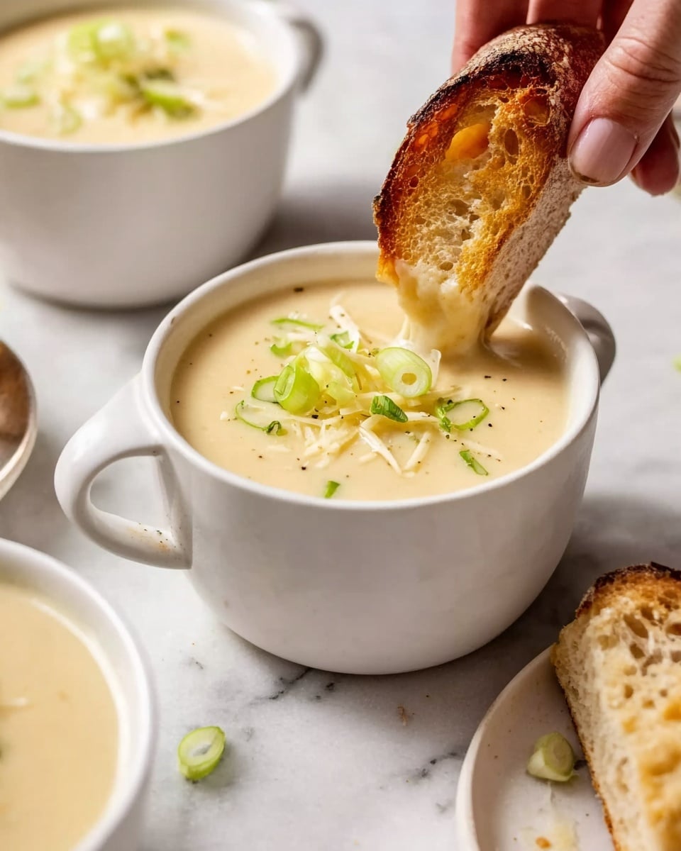 The image shows a white cup filled with creamy soup topped with thin green onion slices and some small shredded pieces. A piece of brown, crusty bread is being dipped into the soup by a woman's hand. There are two more similar white cups filled with soup placed nearby on a white marbled surface. The soup looks smooth and thick with a light creamy color. photo taken with an iphone --ar 4:5 --v 7