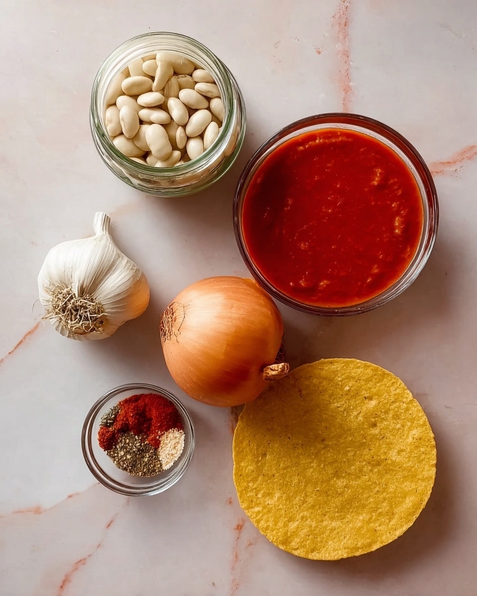 The image shows a top view of six cooking ingredients arranged on a white marbled surface. There is a small glass jar filled with white beans at the top left, next to it on the right is a clear round bowl holding red tomato sauce. Below the jar is a light brown onion with a smooth texture, and to its left is a white garlic bulb with a rough skin. At the bottom left, a small clear bowl contains a mix of spices in red, brown, and white colors. On the right side, there is a round yellow tortilla with a slightly rough surface. photo taken with an iphone --ar 4:5 --v 7