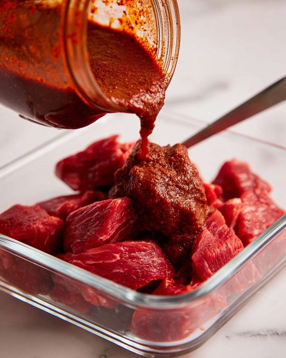 A clear glass rectangular dish holds several chunks of raw red meat at the bottom, with a thick, deep red-brown sauce being poured over it from a glass jar above. The sauce has a rich, textured look as it flows onto the meat, covering parts of the uneven meat pieces. The background is a white marbled surface, and a woman's hand holding a spoon is partially visible in the image. photo taken with an iphone --ar 4:5 --v 7