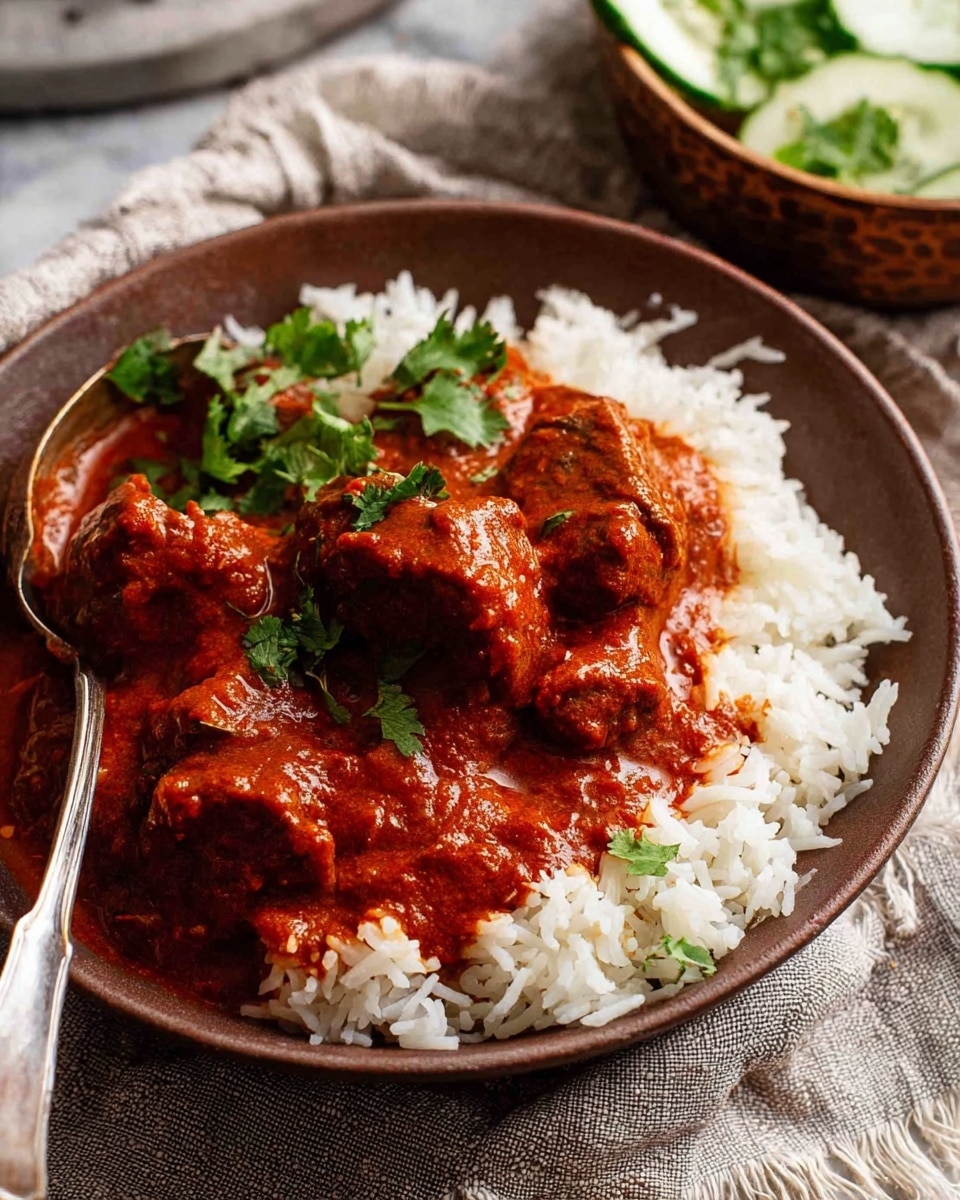 A brown bowl holds a bed of fluffy white rice as the bottom layer, topped with several large chunks of meat covered in a rich, thick red sauce as the second layer. The sauce has a smooth texture with visible fresh green cilantro leaves sprinkled on top for color. A silver spoon is tucked into the bowl on the left side, partially submerged in the sauce. The bowl sits on a textured cloth with a white marbled surface beneath. Another bowl with sliced white cucumber and green herbs is blurred in the background. photo taken with an iphone --ar 4:5 --v 7