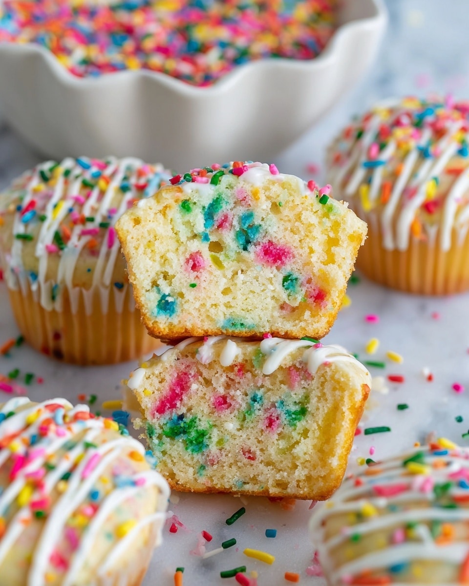 The image shows colorful funfetti cupcakes arranged on a white marbled surface. The main focus is one cupcake cut in half, showing a soft, yellow inside filled with scattered sprinkles in bright pink, red, green, blue, and yellow. Surrounding it are whole cupcakes topped with smooth white icing drizzled in thin lines and decorated with similar colorful sprinkles. The cupcakes have a light golden-brown edge that contrasts with the vibrant sprinkles. In the background, a white bowl with a wavy edge is filled with more rainbow sprinkles, slightly blurred. Photo taken with an iphone --ar 4:5 --v 7