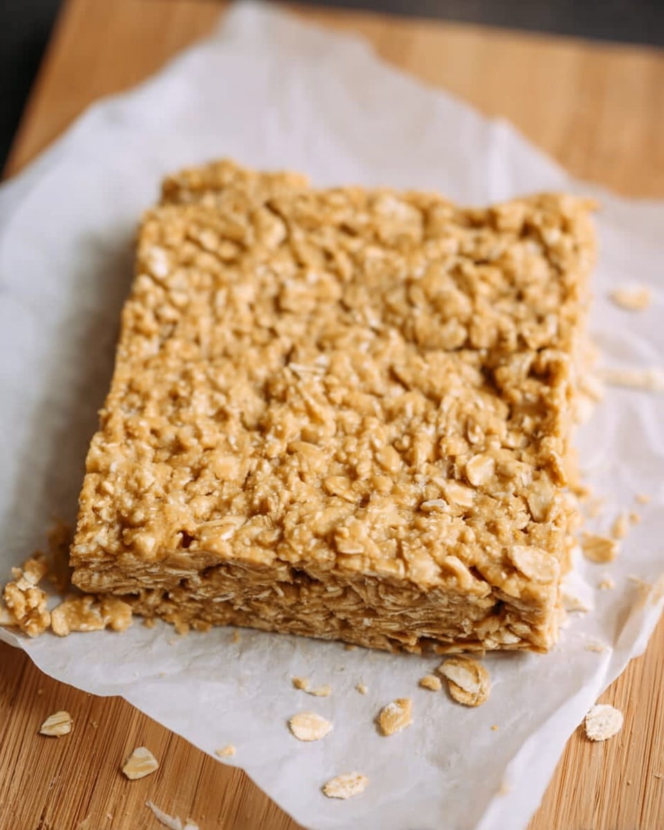 A single thick square bar made of compacted oats with a light golden brown color and a rough, textured surface. The bar sits on a piece of white parchment paper on a wooden board, with its edges slightly uneven and some oats visible loose around them. The oats are tightly packed and give a coarse, grainy look across the whole top layer. Photo taken with an iphone --ar 4:5 --v 7