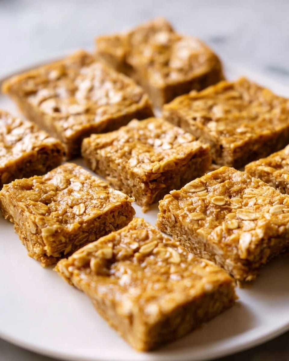 The image shows a white plate with a close-up view of nine oat bars arranged in three rows. Each bar is rectangular with a rough, textured surface, showing visible oat flakes embedded in a golden-brown, slightly sticky base. The bars are thick and dense, and the lighting highlights their slightly glossy appearance. The plate is placed on a white marbled surface. photo taken with an iphone --ar 4:5 --v 7