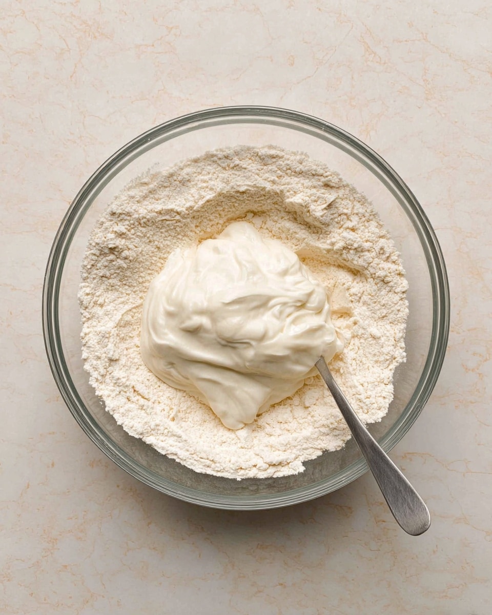 A clear glass bowl sits on a white marbled surface, filled with two main layers: the bottom layer is light beige flour with a fine, powdery texture, surrounding the inner edge of the bowl, while the top layer is a thick, creamy white substance, smooth and slightly glossy, placed in the middle of the flour. A metal spoon rests inside the bowl on the right side, partially buried in the flour and cream mixture. photo taken with an iphone --ar 4:5 --v 7