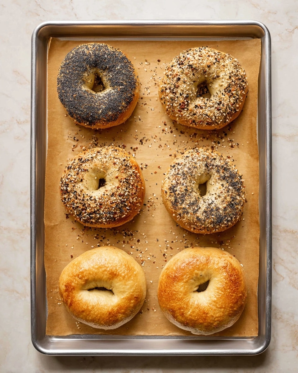 The image shows six bagels on a silver baking tray lined with brown parchment paper, all placed on a white marbled surface. The top row has two bagels covered in small black poppy seeds, the middle row has two bagels with a mix of seeds and seasoning on top, giving a textured look in black and white, and the bottom row has two plain golden brown bagels with a smooth shiny surface. The bagels are evenly spaced in two rows of three. photo taken with an iphone --ar 4:5 --v 7