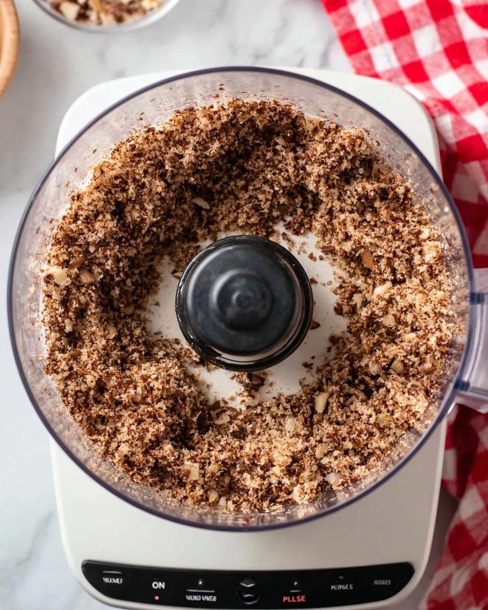 This image shows a close-up top view of a food processor bowl filled with a coarse mixture of chopped brown and light tan ingredients, likely nuts or mushrooms. The mixture has a rough, uneven texture with visible small chunks and flakes scattered throughout. The bowl is clear plastic with a black center spindle, and it sits on a white base with buttons labeled