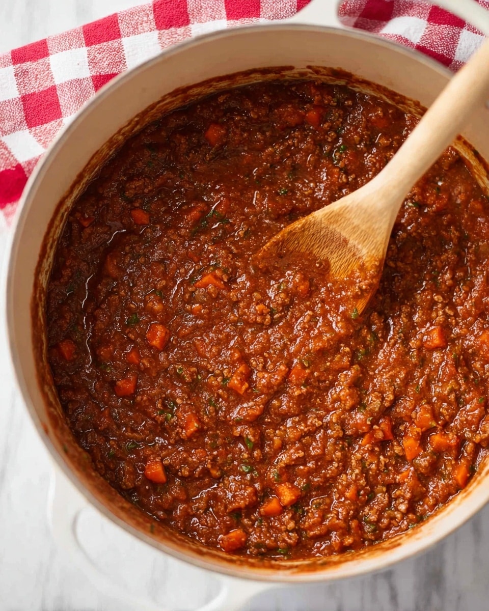 A close-up view of a thick, rich reddish-brown meat sauce mixed with small chunks of orange carrots and bits of green herbs, showing a textured, hearty consistency inside a white pot. A wooden spoon with a light brown handle is partially dipped in the sauce, stirring gently. The pot rests on a white marbled surface with a red-and-white checkered cloth folded in the background. Photo taken with an iphone --ar 4:5 --v 7
