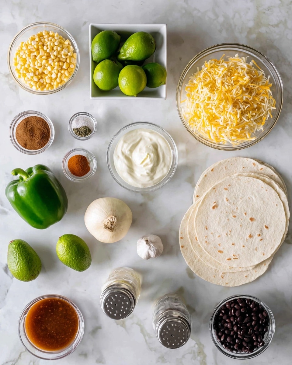 The image shows a flat lay of ingredients arranged on a white marbled surface. There are four stacks of white tortillas placed on the bottom right. Next to them, a small whole garlic bulb is centered. Above the garlic, there is a clear bowl filled with a mix of shredded yellow and white cheese. To the left of the cheese, a clear bowl holds yellow corn kernels. Above the corn, three smaller clear bowls contain three different ground spices one brown, one reddish-brown, and one red. Above the spices, a green bell pepper sits by itself. On the far left, a white square bowl contains several green limes. To the right, a white square bowl holds three whole avocados. At the top middle, a whole white onion is placed between the bowls. Below the avocado bowl, a small glass bowl holds sour cream. Next to it, a small clear bowl contains reddish-brown sauce. A salt shaker and a pepper shaker stand side by side on the right near the limes and avocados. A small clear bowl filled with black beans is situated near the bottom right next to the tortillas. Lastly, a small glass bowl filled with light olive oil is near the bottom left. The lighting is soft and even, showing all ingredients clearly. photo taken with an iphone --ar 4:5 --v 7