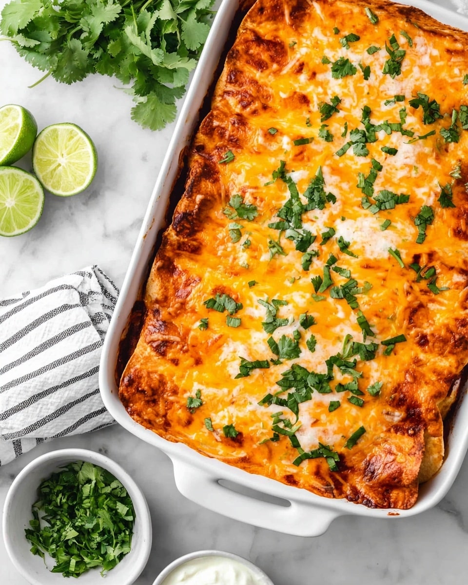 A white baking dish shown from above holds a layered enchilada bake with a top layer of melted orange and white cheese that is slightly browned around the edges. Scattered bright green chopped cilantro leaves decorate the cheesy surface. Underneath, the layers of tortillas and sauce peek through around the edges, showing a textured and slightly crispy edge. The dish sits on a white marbled surface with two whole limes and a halved lime nearby, along with small white bowls containing fresh cilantro leaves and a creamy white sauce. A white towel with black stripes is folded on the left side. Photo taken with an iphone --ar 4:5 --v 7