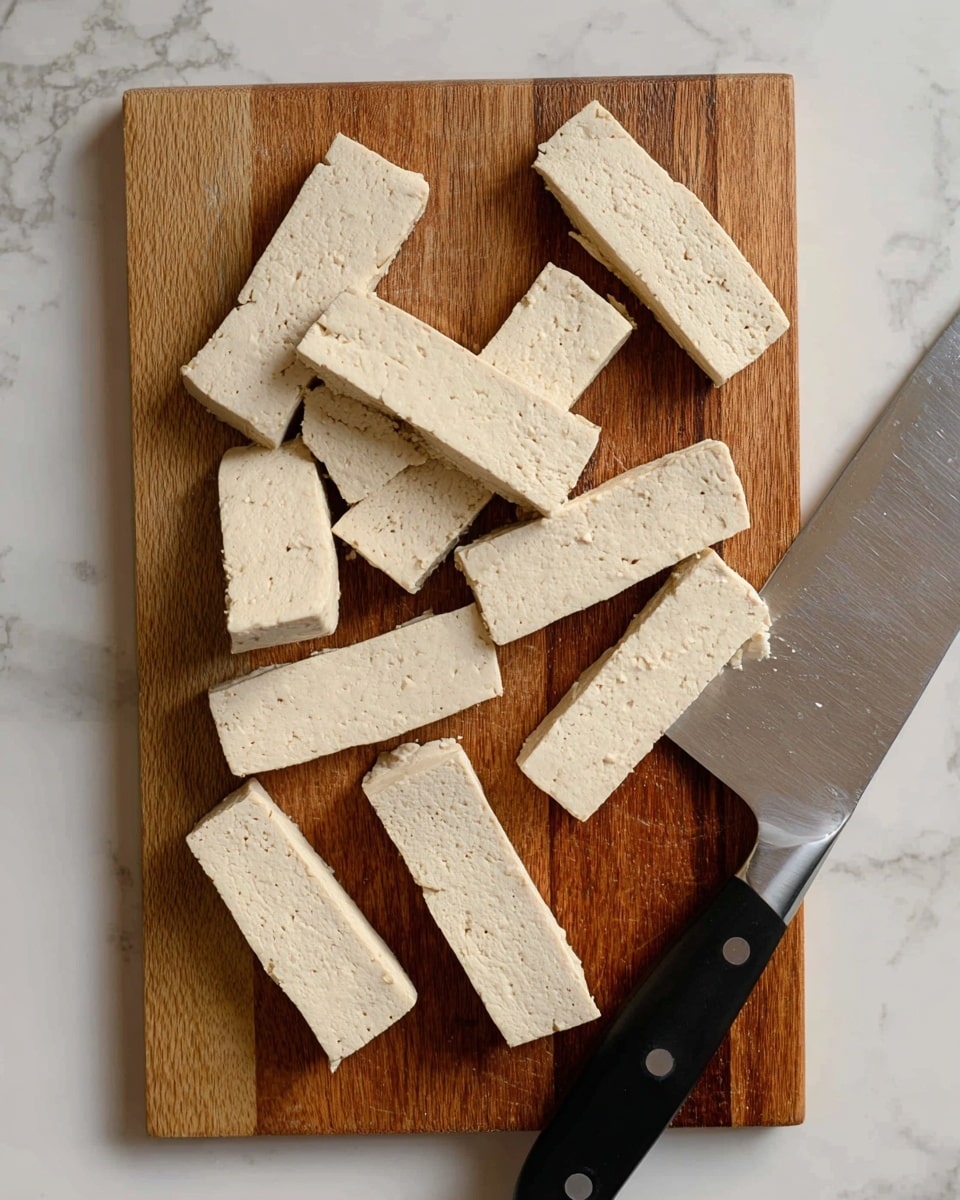The image shows a wooden cutting board placed on a white marbled surface. On the board, there are multiple irregular rectangular pieces of light beige tofu with a slightly rough texture scattered across it. To the right side of the board, there is a large kitchen knife with a shiny silver blade and a black handle resting partially on the marbled surface. The scene is simple and clean, focusing on the tofu pieces ready for use photo taken with an iphone --ar 4:5 --v 7