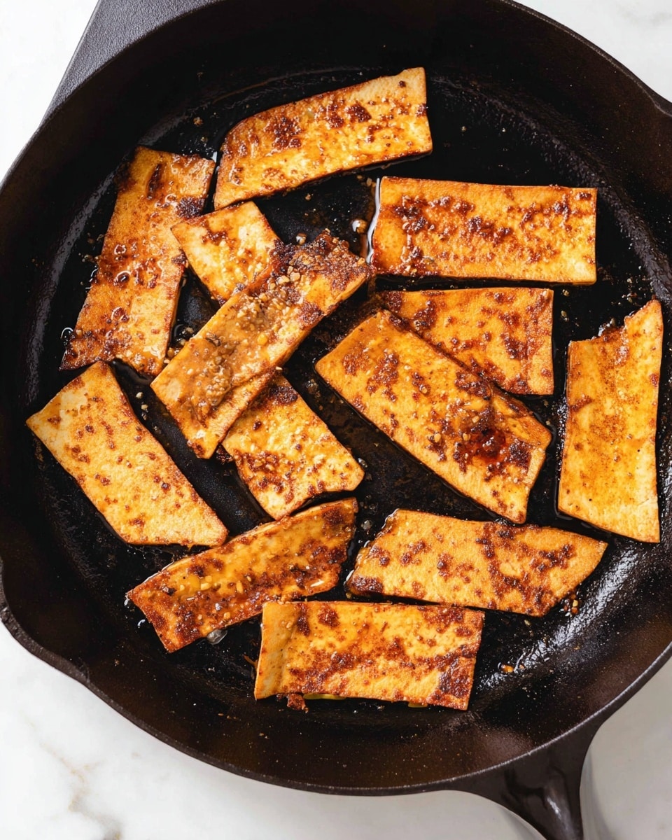 Inside a black cast iron pan, there are about thirteen uneven rectangular slices of tofu lightly fried to a golden brown color with darker brown spots and a slightly oily, shiny texture. The tofu pieces are spread out across the surface of the pan, some flat and some slightly curled at the edges, showing a crispy and textured surface. The pan sits on a clean white marbled surface. Photo taken with an iphone --ar 4:5 --v 7