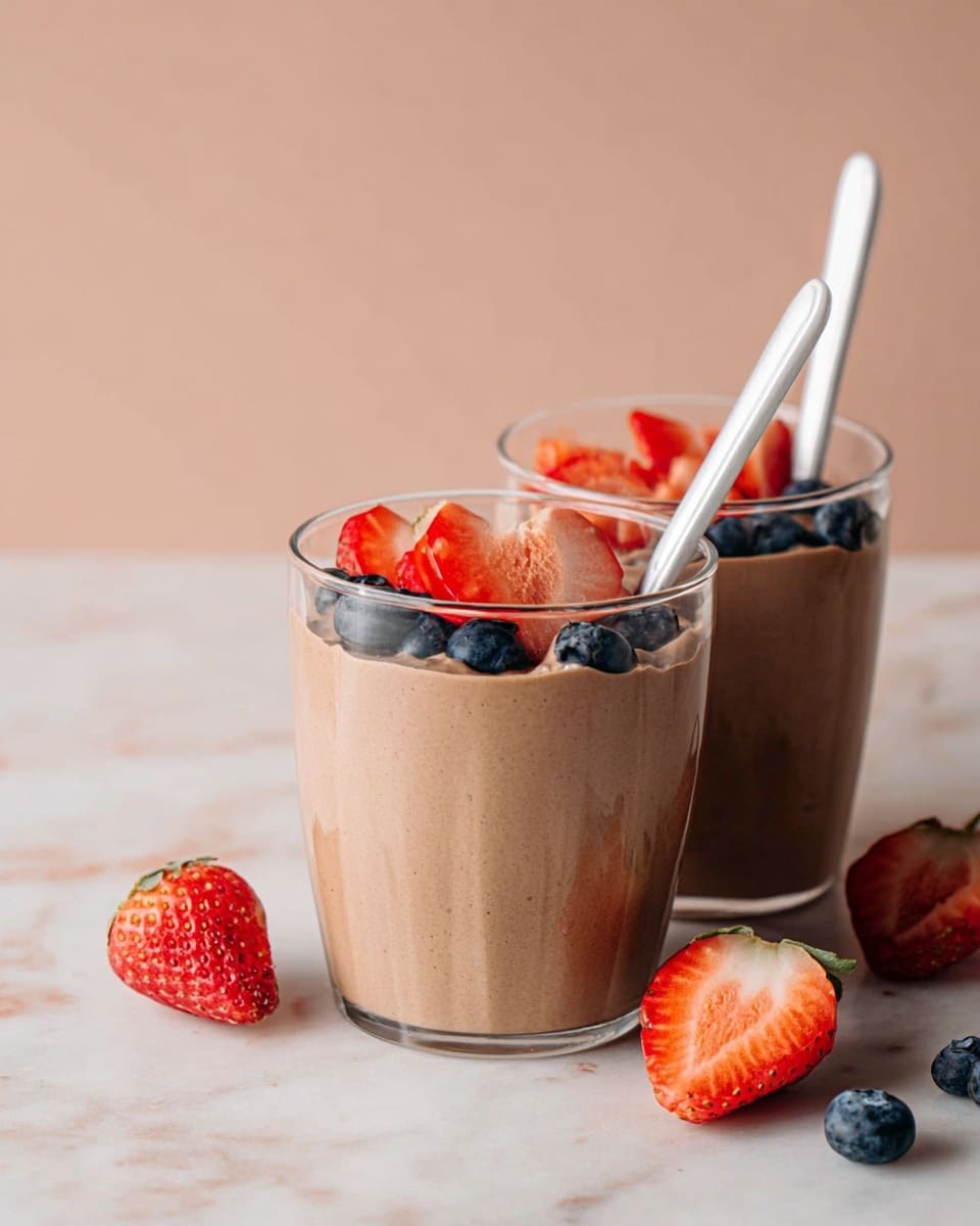 Two clear glasses filled with smooth light brown mousse, topped with fresh red strawberry slices and dark blue blueberries. Each glass has a white spoon standing upright in the mousse. The glasses are on a white marbled surface, with some whole and sliced strawberries placed beside them. A soft pink background adds warmth to the scene. Photo taken with an iphone --ar 4:5 --v 7