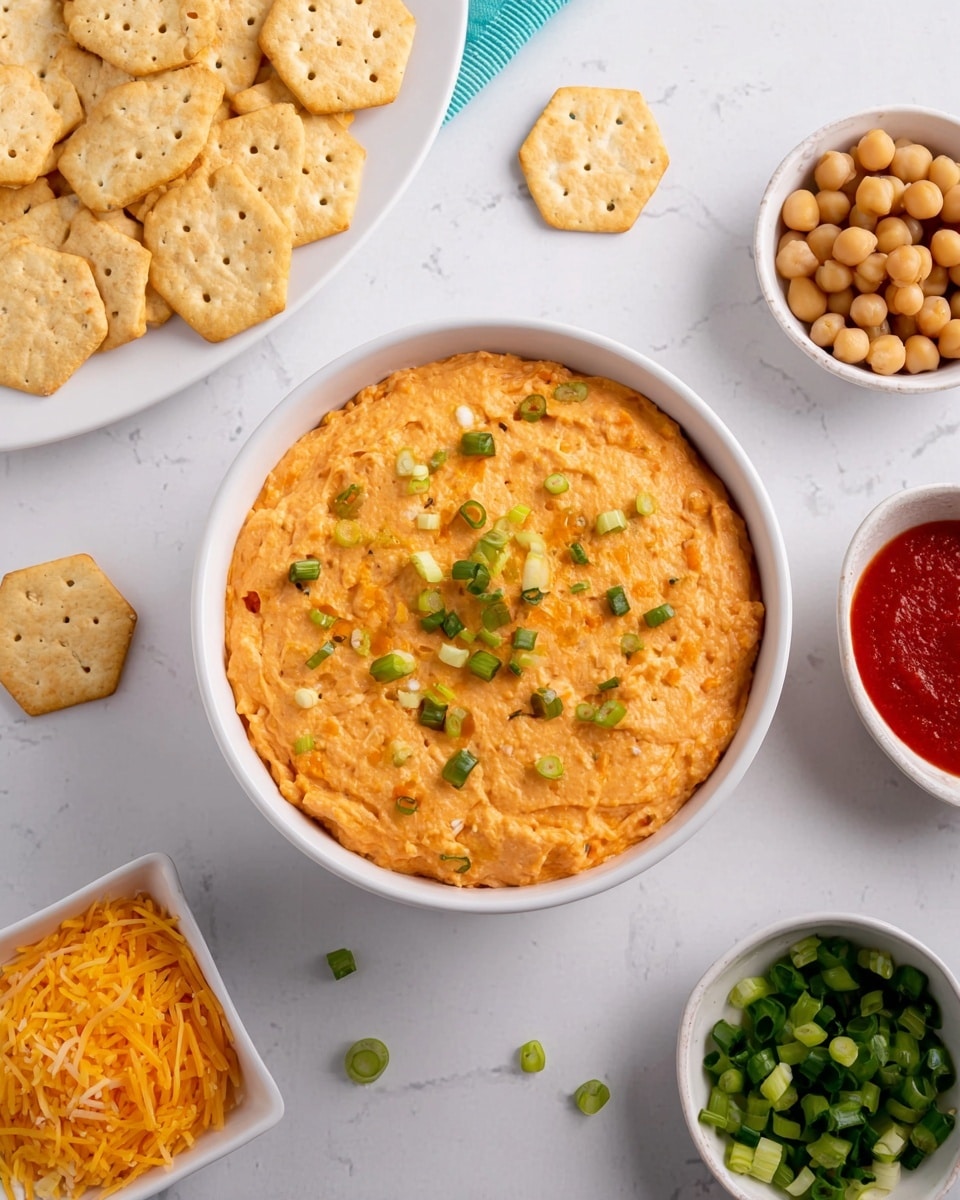 The image shows a white bowl filled with an orange creamy dip sprinkled with small green onion pieces on top, sitting on a white marbled surface. To the left of the bowl is a white plate holding light golden hexagonal crackers, with a few crackers also placed directly on the surface beside the bowl. Surrounding the bowl are small white dishes containing whole chickpeas, shredded cheddar cheese, more chopped green onions, and a pool of red sauce, all arranged neatly around the main bowl of dip. photo taken with an iphone --ar 4:5 --v 7