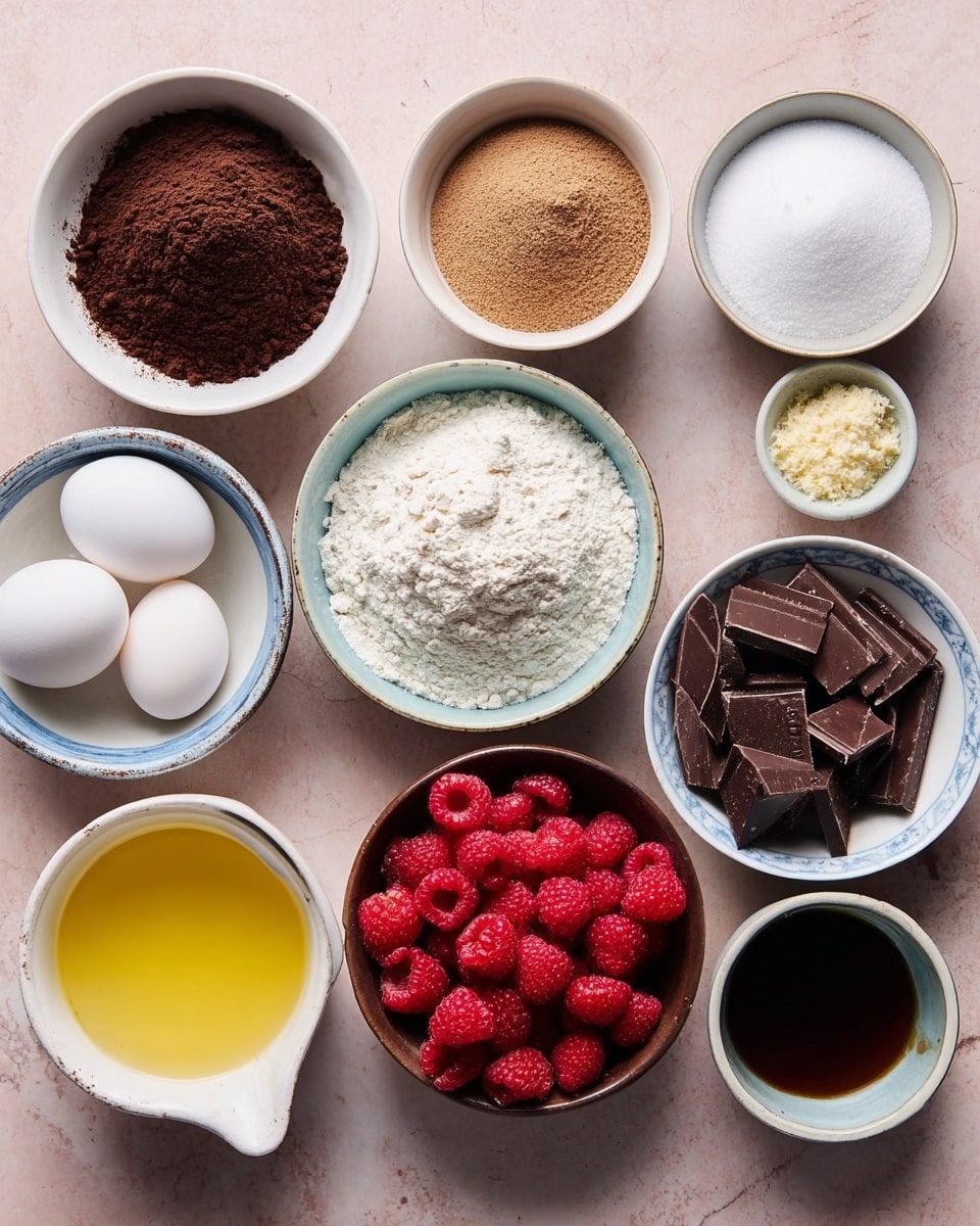 The image shows a collection of ingredients arranged neatly on a white marbled surface. There are nine white bowls and one with a faint blue pattern, each holding different ingredients. From the top left moving clockwise: a small bowl with dark brown powder, a large bowl with white granulated sugar, a smaller bowl with light brown sugar, a medium bowl filled with a fine brown powder, a large bowl full of white flour, a medium blue and white bowl holding four white eggs, a tiny bowl with white salt, a large bowl with chopped dark chocolate pieces, a medium pitcher with melted yellow butter, a small bowl with dark liquid, and a brown bowl in the center filled with fresh red raspberries. The bowls and pitcher are set on a soft pink surface. photo taken with an iphone --ar 4:5 --v 7